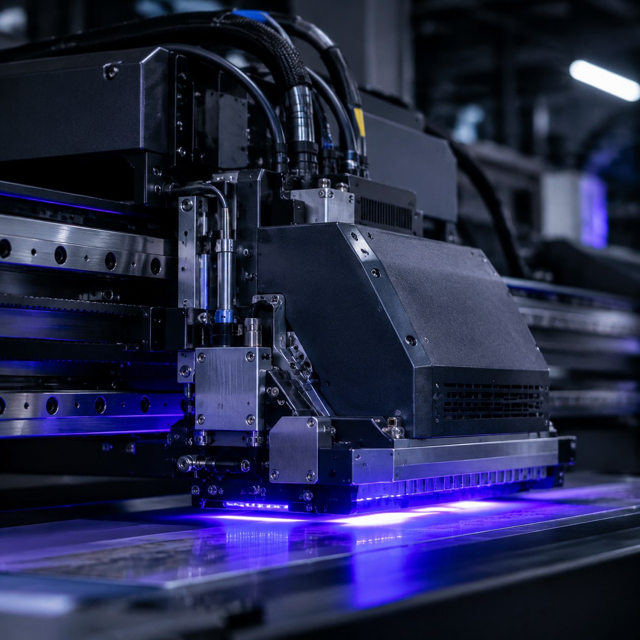 Close-up of a UV printer piezoelectric printhead in operation