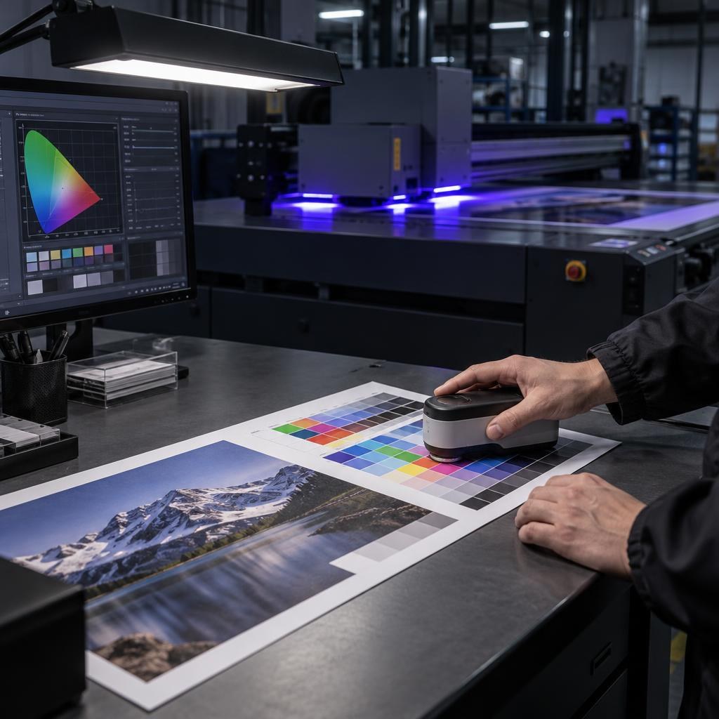 Quality control test bench checking UV printer color calibration